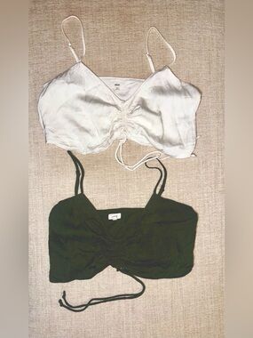 Aerie 2 Ruched Tie Crop Tank Small Summer Staple Neutral Top Cami White Green